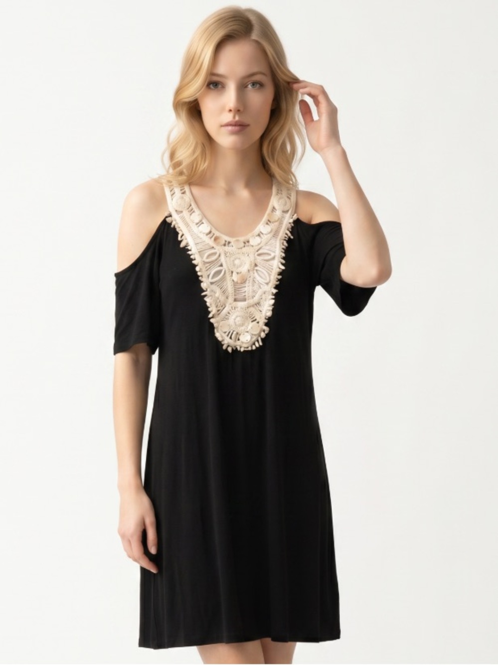 NANETTE LEPORE Dress Cold Shoulder Crocheted Sweater Mini Black Ivory
